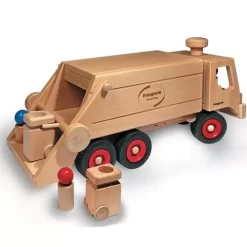 Fagus Houten Vuilniswagen Bestuurbaar Met 2 Vuilnisbakken En 4 Poppetjes